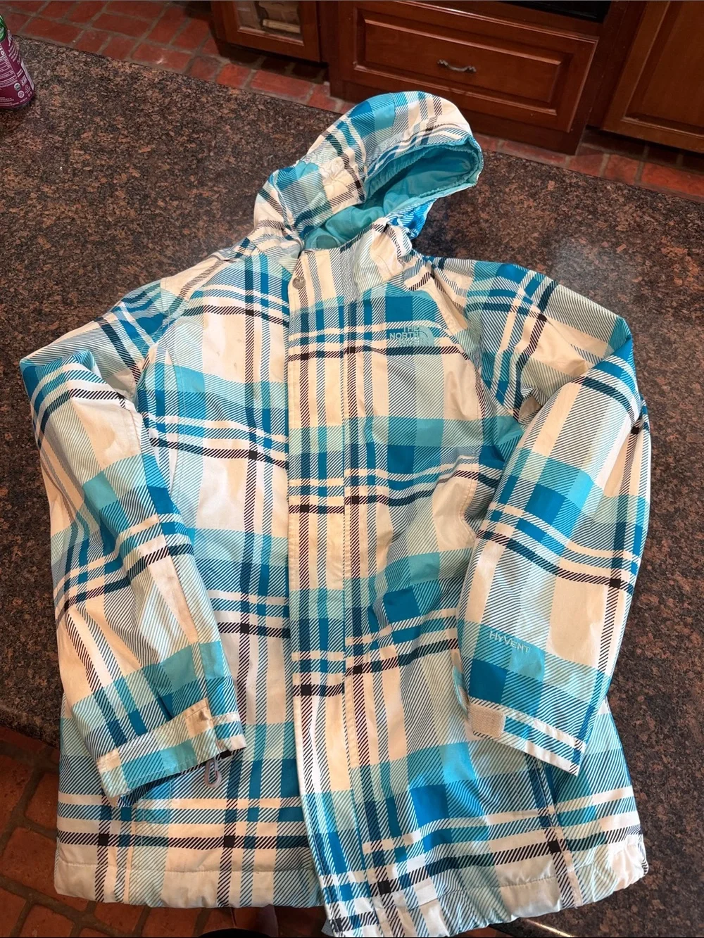 The North Face Teal and White Plaid Hooded Shell Jacket and vest zip in liner